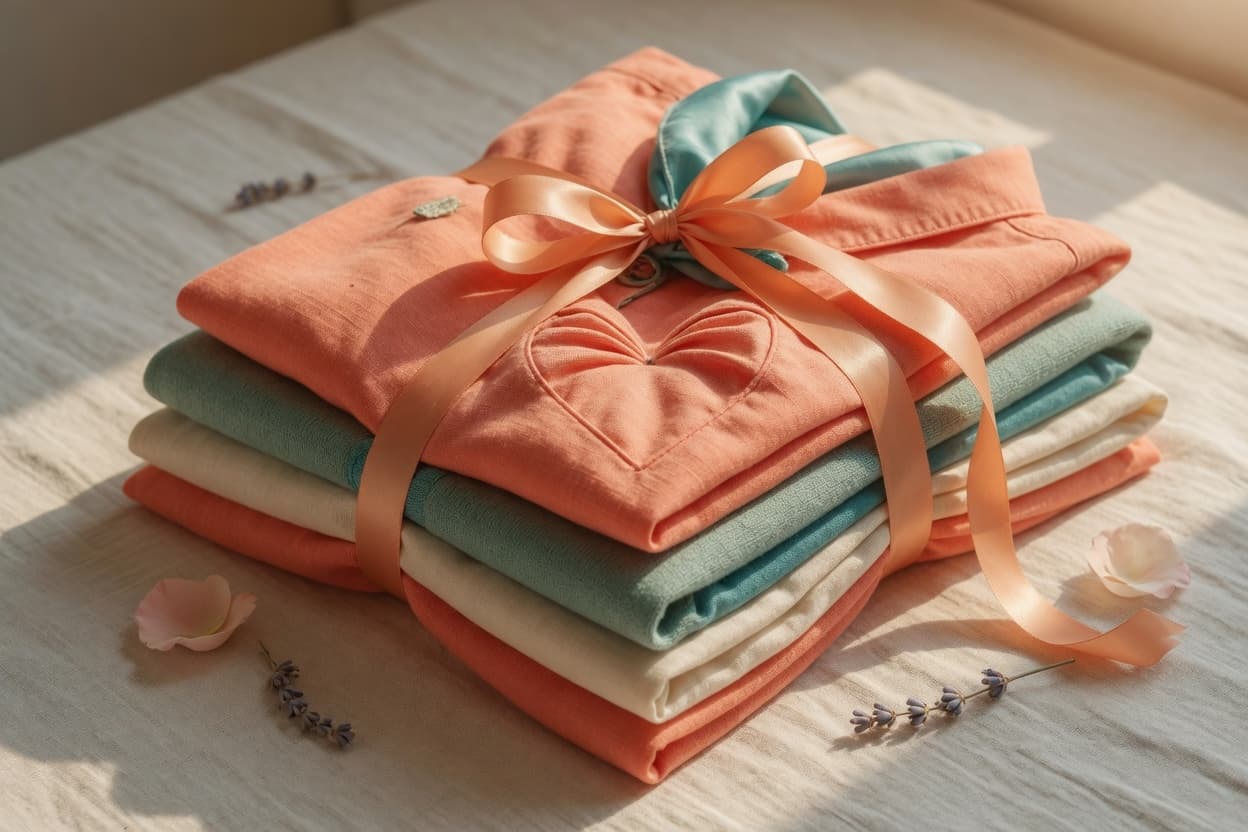 Folded clothes tied with a warm coral ribbon for charity